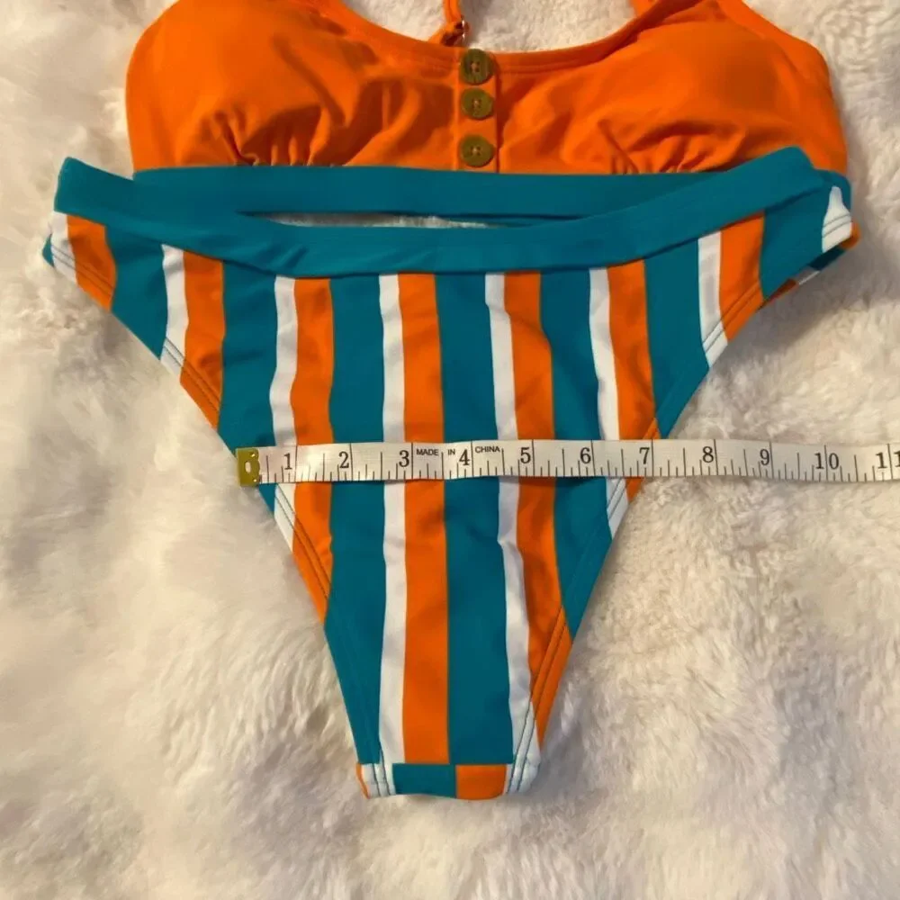 Cupshe Orange and Teal Striped Two-Piece Bikini Sz Small